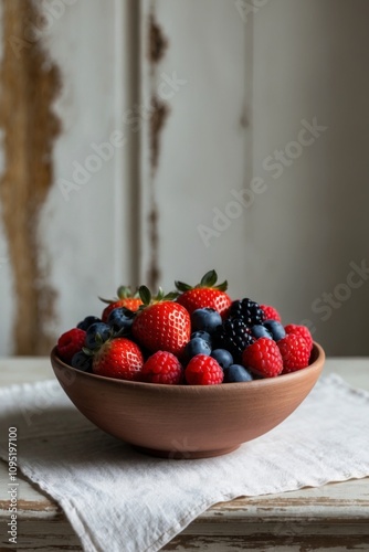 Fresh summer berries in rustic bowl on vintage background. photo