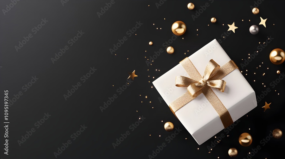 White gift box with golden ribbon and sparkling star decorations on a dark background, luxury holiday celebration concept, minimalistic design, ideal for banners, greeting cards, or festive templates White gift box with golden ribbon and sparkling star decorations on a dark background, luxury holiday celebration concept, minimalistic design, ideal for banners, greeting cards, or festive templates