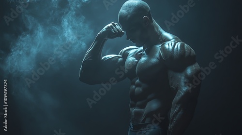 Bald man flexing muscles in misty dark lighting intense pose shadowed atmosphere power and strength