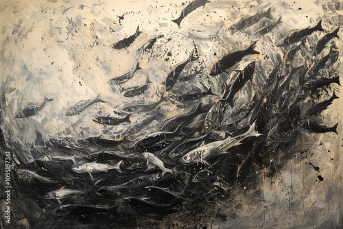 wabi sabi painting, swarm of sardines, zen, black brush