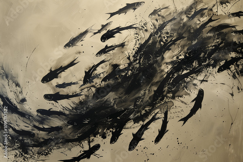 wabi sabi painting, swarm of sardines, zen, black brush