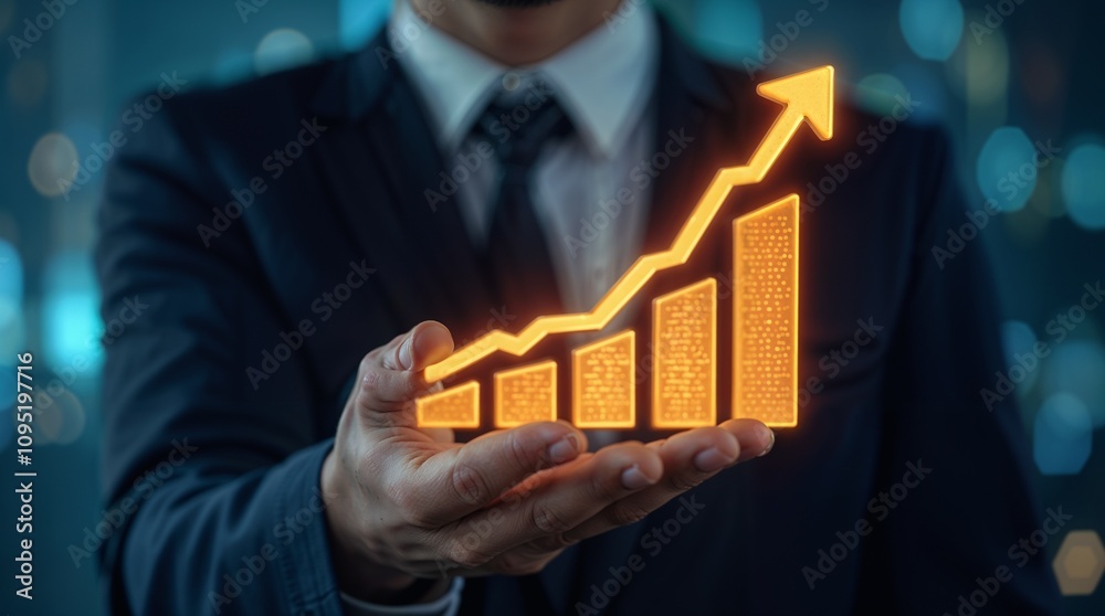 A businessman holds a glowing graph showing his company growth and success in financial investment and stock market analysis.