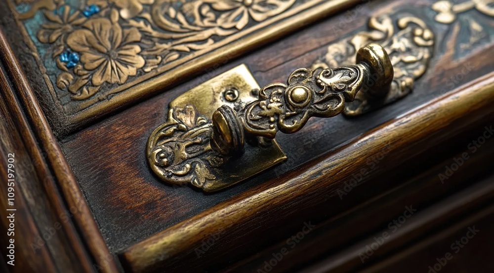 Fototapeta premium Close-up of an ornate Victorian brass door, macro photography