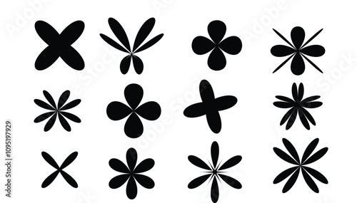 Abstract flower and star shape icon collection. Includes various petal counts, radial designs, and symmetrical forms. Created in solid black silhouette style with a monochrome palette.