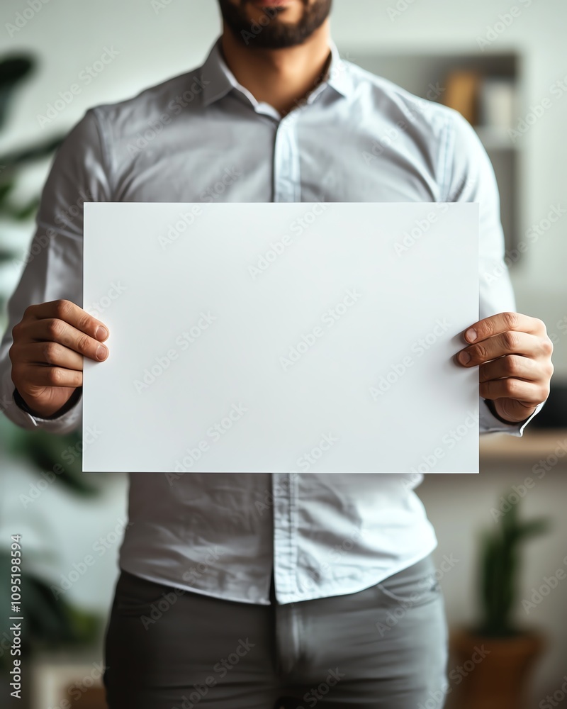 Businessman holding a blank white sheet, blurred office background, natural light Businessman holding a blank white sheet, blurred office background, natural light