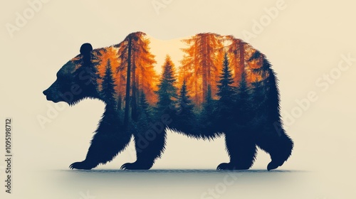 A bear is depicted walking gracefully, its body seamlessly blending into a lush forest of pine trees. The soft colors create a serene atmosphere, showcasing the bond between wildlife and nature.