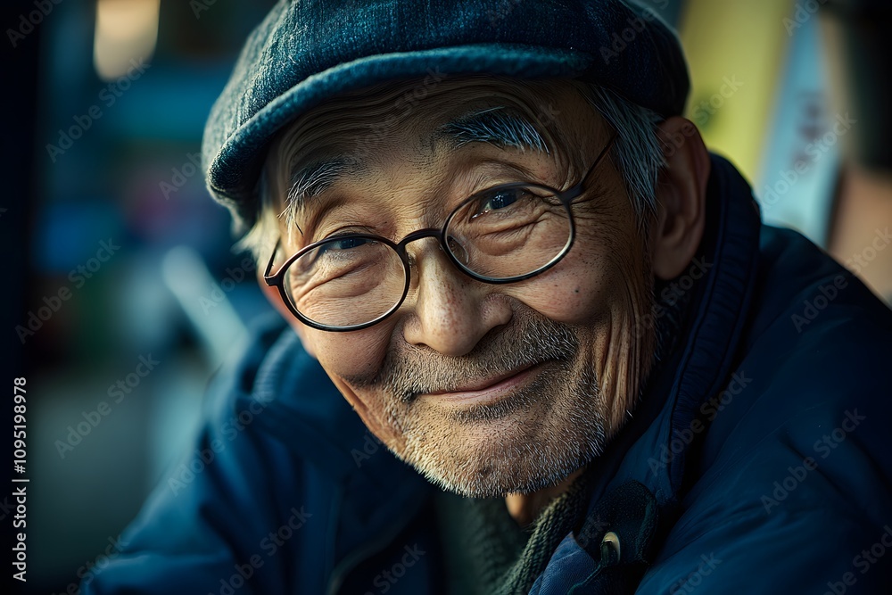 elderly man smiling outdoors in natural light, enjoying happiness and joy during golden hour with casual wear and jacket