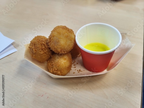 A close-up photo of a wooden bowl filled with crispy bitterballen, served with a red cup of mustard. The perfect snack!