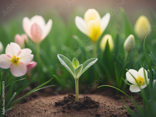 A young seedling growing in the soil with spring flowers blooming in the grass. photo