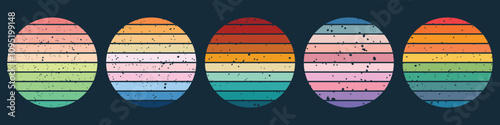 Vintage retro badges collection for banner, print, sticker, logo. Summer t shirt retro wave striped circle set. Retro vacation and grunge colourful circles frame.  70s-80s style abstract sunset vector