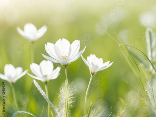 Delicate white flowers blooming gracefully in a vibrant green meadow under soft sunlight. photo