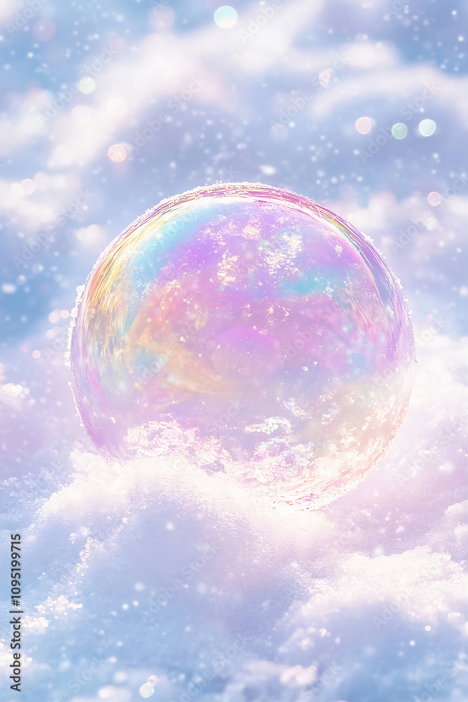 Colorful soap bubble on snow.