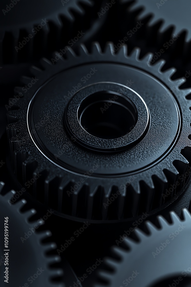 Closeup of a black gear against a dark background, soft spotlight, metallic texture, industrial and minimalistic aesthetic Closeup of a black gear against a dark background, soft spotlight, metallic texture, industrial and minimalistic aesthetic