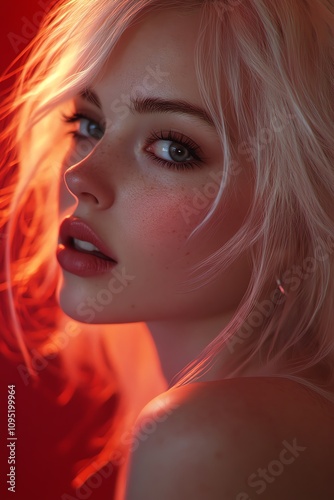 Closeup of a pale haired antimissile girl, soft skin tones, intense red backdrop, expressive mood photo