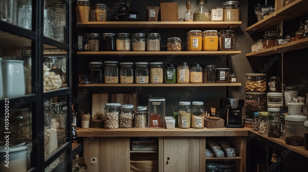 Glass Jars Filled with Dried Goods on Wooden Shelves in a Pantry Glass Jars Filled with Dried Goods on Wooden Shelves in a Pantry