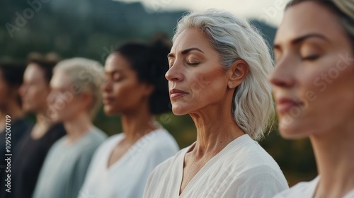 Meditation group with diverse individuals practicing mindfulness outdoors