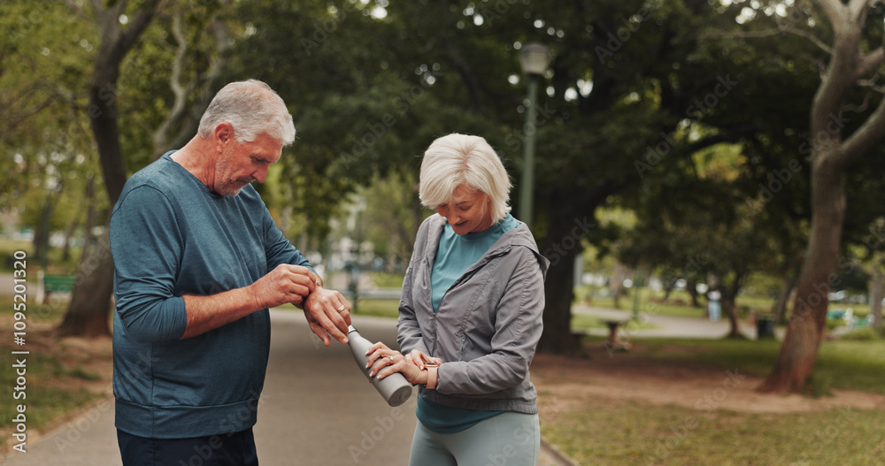 Senior, couple and check watch with fitness outdoor for running speed, monitor health and progress results. Elderly, people and time for exercise app, heart rate and performance timer of park workout