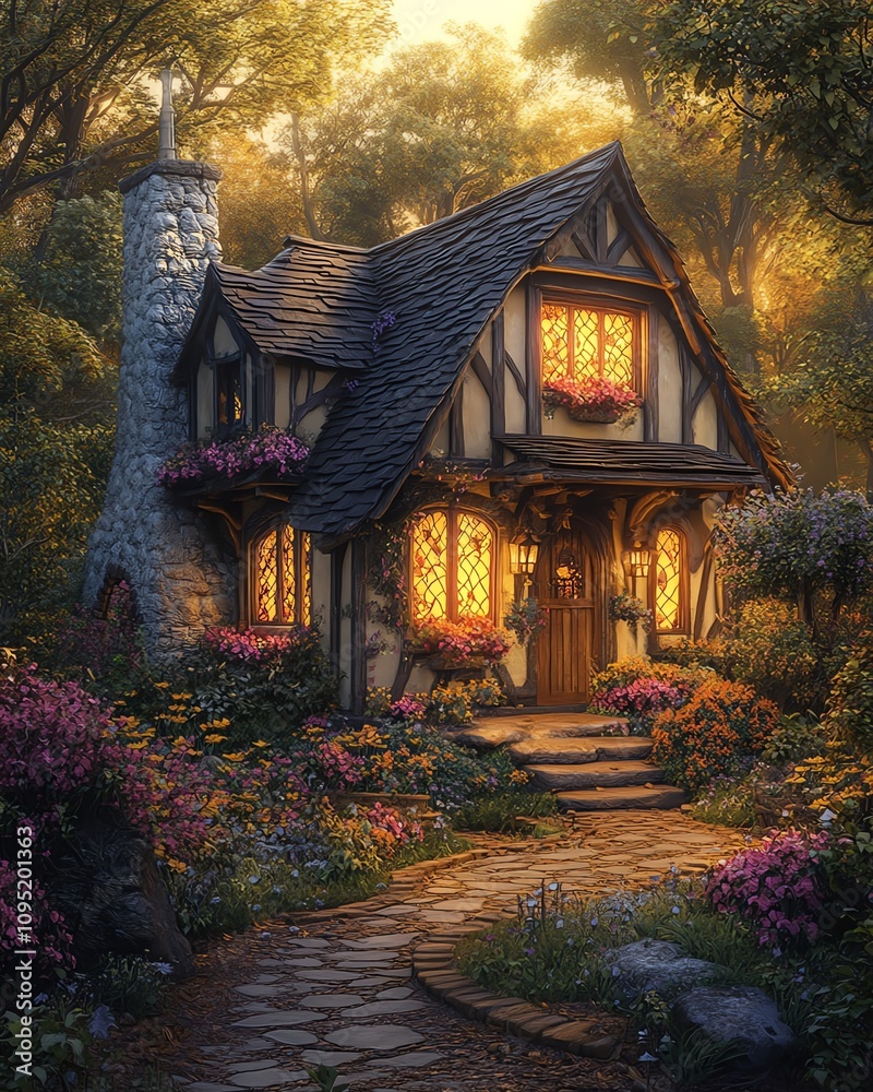 Fototapeta premium Cozy cottage at sunset, glowing windows, vibrant garden, magical setting