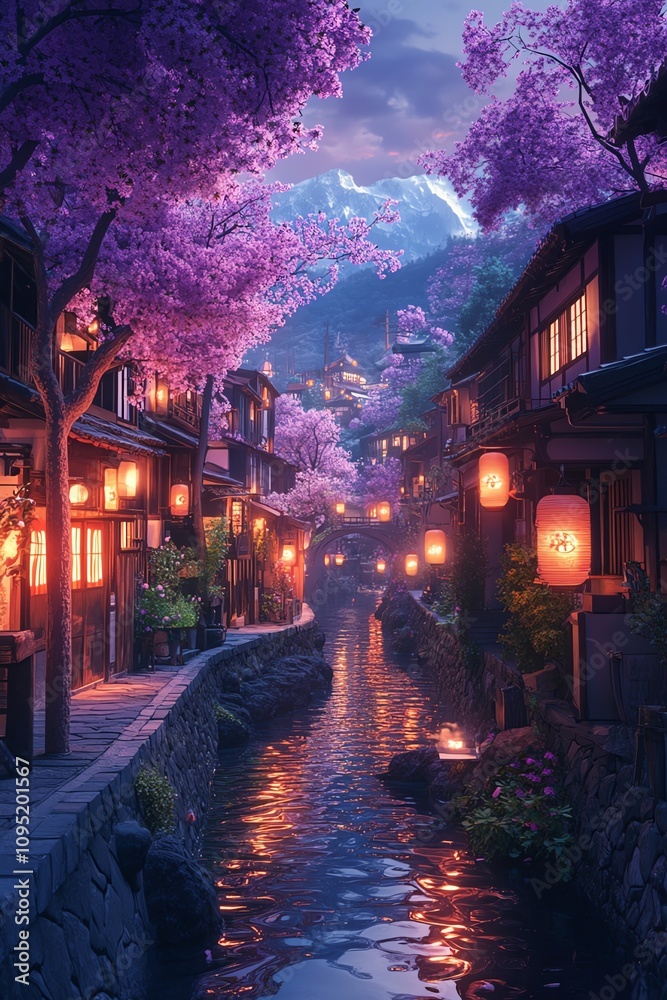 Cozy village scene with purple trees, lanterns glowing in the evening, narrow river between traditional Japanese houses, serene and nostalgic atmosphere Cozy village scene with purple trees, lanterns glowing in the evening, narrow river between traditional Japanese houses, serene and nostalgic atmosphere