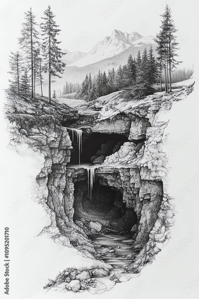 Fototapeta premium Crosssection showing underground water system, trees, and mountains