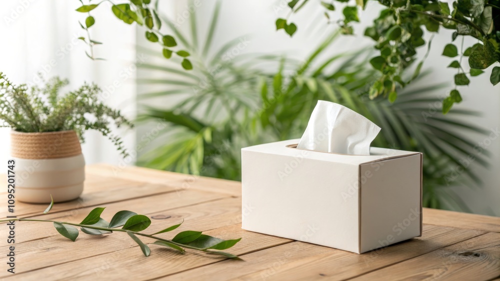 Box with pulled tissue in a calming mood on a wooden table, with greenery in soft colors, representing comfort and cleanliness Box with pulled tissue in a calming mood on a wooden table, with greenery in soft colors, representing comfort and cleanliness