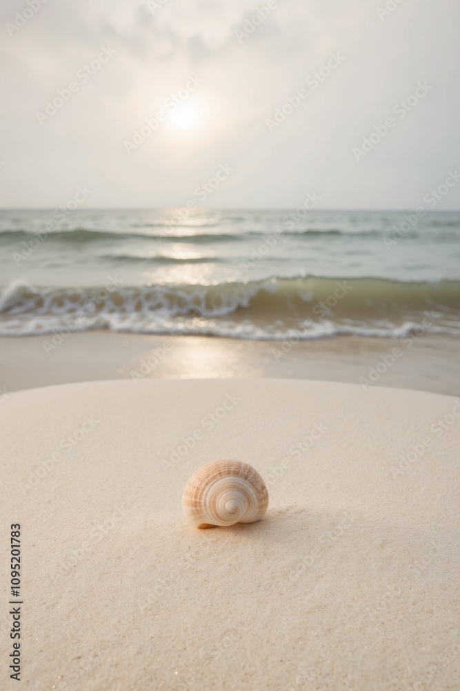 Seashell on sandy beach with gentle ocean waves lapping the shoreline. Seashell on sandy beach with gentle ocean waves lapping the shoreline.
