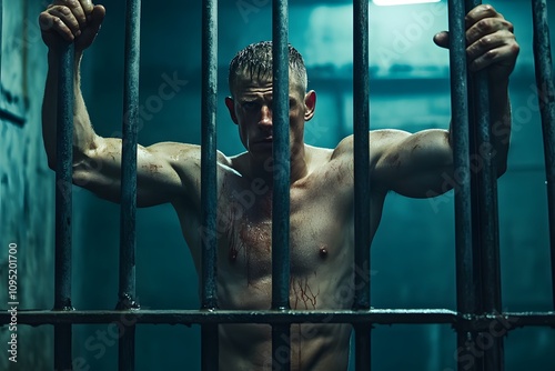 prisoner behind bars in a gritty atmosphere, muscular man shirtless, showing strength, determination, and confinement in dim lighting photo