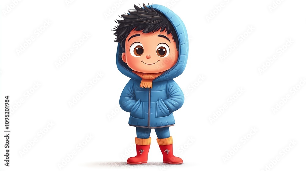 A cheerful cartoon boy in a blue winter coat and red rain boots, perfect for seasonal illustrations or children's content. A cheerful cartoon boy in a blue winter coat and red rain boots, perfect for seasonal illustrations or children's content.