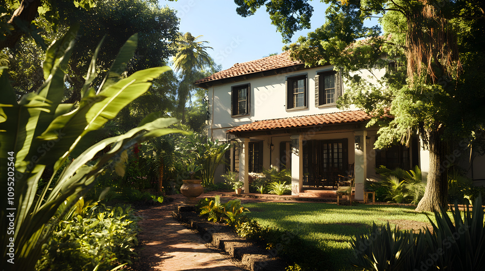 Colonial House, Lush Garden, Sunny Day, 3D Rendering, Tropical Paradise Colonial House, Lush Garden, Sunny Day, 3D Rendering, Tropical Paradise