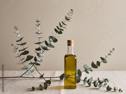 bottle of olive oil on beige background with eucalyptus branches.