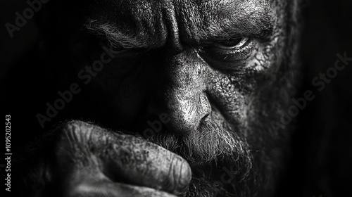 Monochrome Portrait of a Pensive Man Engaging in Introspective Contemplation with Intense Gaze and Distinctive Facial Expressions Reflecting Depth and Emotion