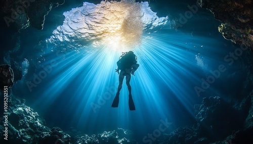 Diver ascending through underwater cave opening soft light streams dramatic mysterious adventure