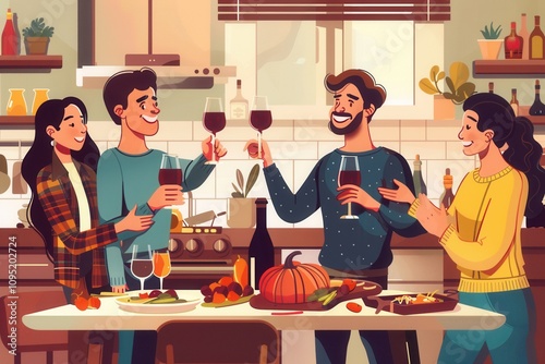 Family and friends celebrate Thanksgiving standing in the kitchen with glasses