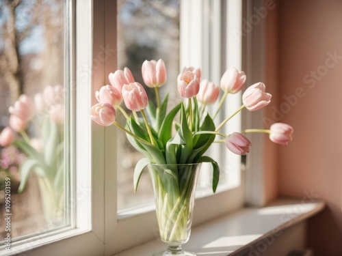 Beautiful Spring Bouquet of Pink Tulips in a Glass Vase by the Window with Sunlight and Soft Shadows in a Cozy Home.