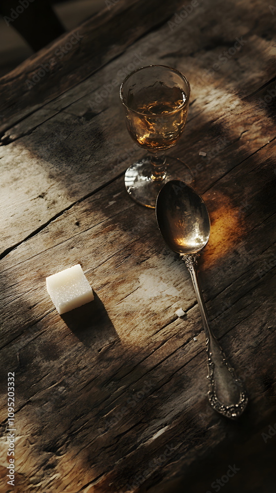 Obraz premium Rustic Wooden Table with Absinthe Spoon, Sugar Cube, and Drink