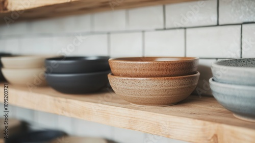 Organic pottery displayed on wooden shelf, showcasing earthy tones and textures photo