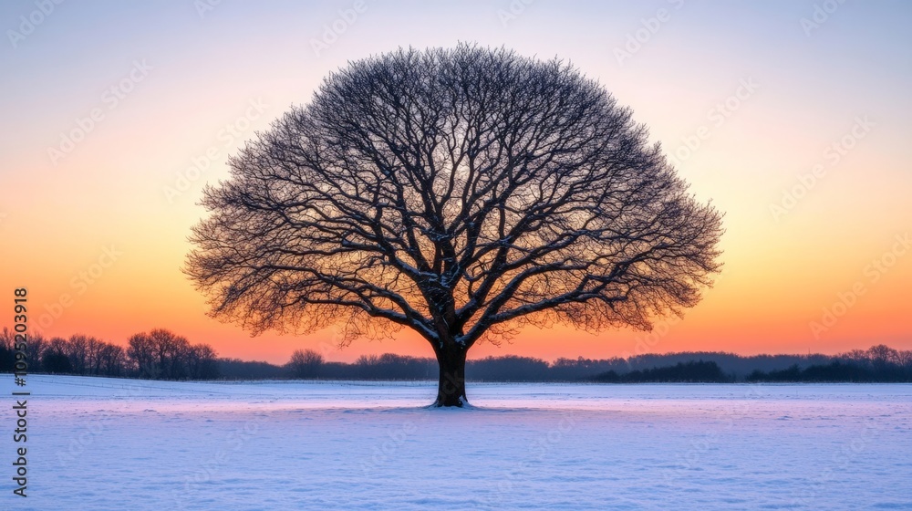 A majestic silhouette of a tree against a colorful winter sunset, casting long shadows on the snow-covered ground. A majestic silhouette of a tree against a colorful winter sunset, casting long shadows on the snow-covered ground.
