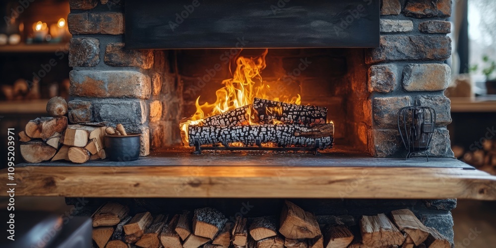 Cozy atmosphere in a warm and inviting living room featuring a rustic stone fireplace with a crackling fire and neatly stacked firewood Cozy atmosphere in a warm and inviting living room featuring a rustic stone fireplace with a crackling fire and neatly stacked firewood