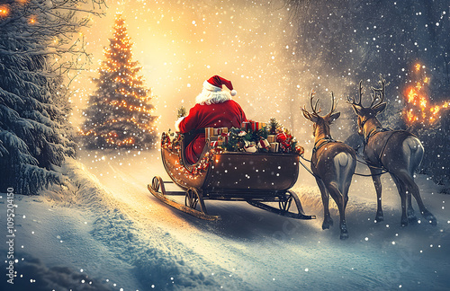 
Christmas wall art canvas print of santa claus riding in his sleigh pulled by reindeer, snowing background, realistic oil painting, christmas decoration on the back seat of carriage, christmas scene,