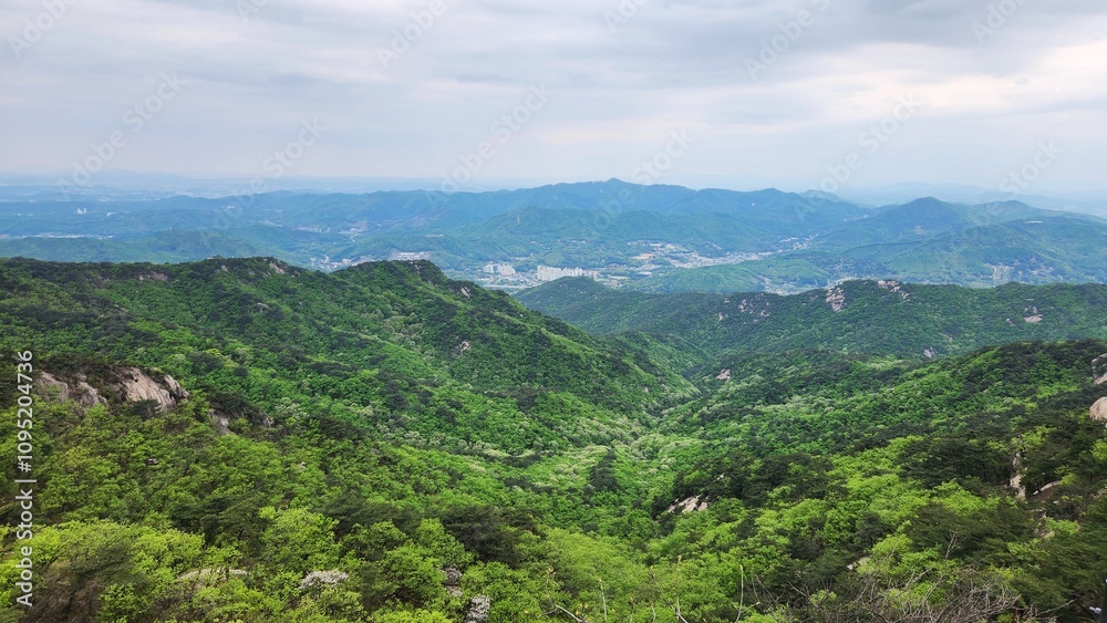 Fototapeta premium Image of summer scenery of Dobongsan Mountain near Seoul, Korea. Hiking in Dobosan National Park. korea mountains. trekking. korean landscapes. bukhansan national park.
