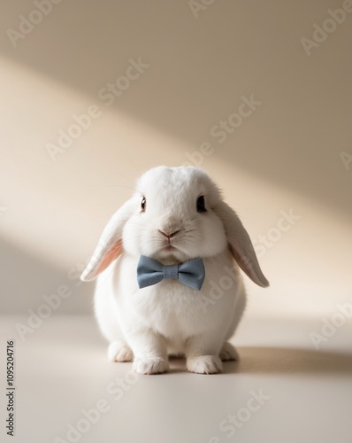 Cute rabbit wearing blue bow tie on beige background. photo