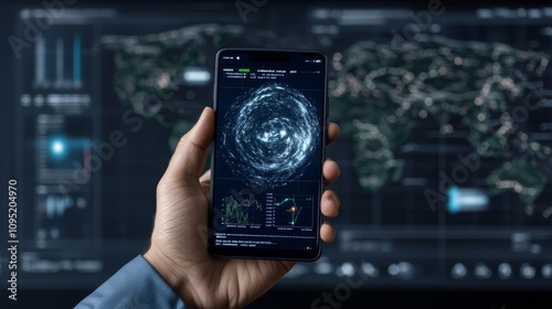 A hand holding a smartphone showing a real-time weather analysis model, predicting future storms, hurricanes, and climate patterns, the background flows into a climate research center, with large