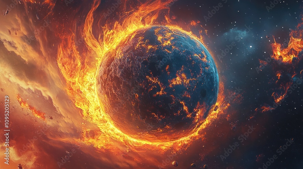 Close up view of a flaming comet colliding with the cold moon. Ai generated image Close up view of a flaming comet colliding with the cold moon. Ai generated image