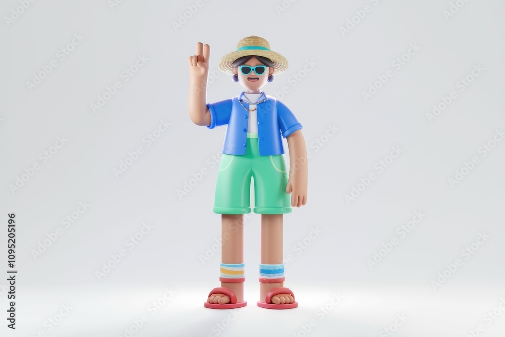 A 3D cartoon character wearing summer clothes gives a peace sign. A 3D cartoon character wearing summer clothes gives a peace sign.