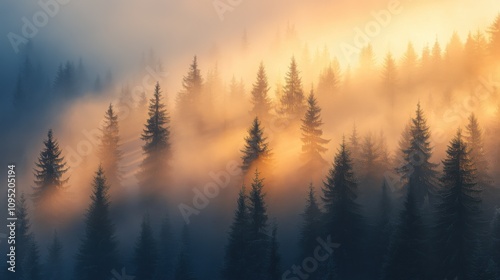 Misty Mountain Sunrise Golden Light Illuminates Evergreen Forest