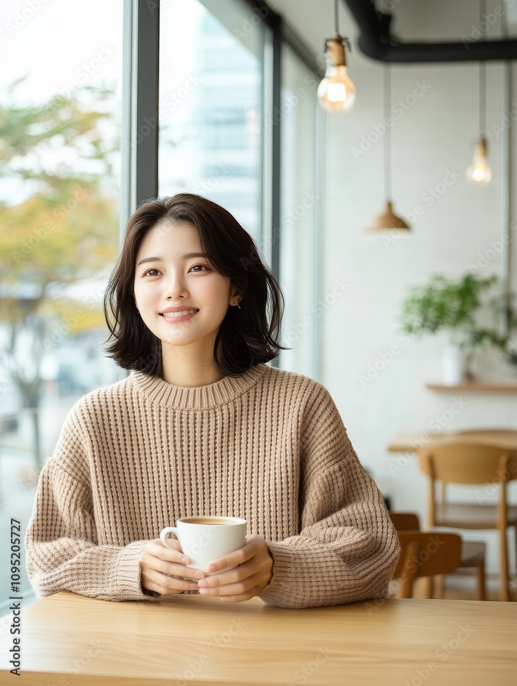A petite South Korean woman with fair skin and shoulder-length straight black hair wearing a cozy sweater sitting in a modern cafe holding a cup of tea and gazing out the window, Photorealistic A petite South Korean woman with fair skin and shoulder-length straight black hair wearing a cozy sweater sitting in a modern cafe holding a cup of tea and gazing out the window, Photorealistic