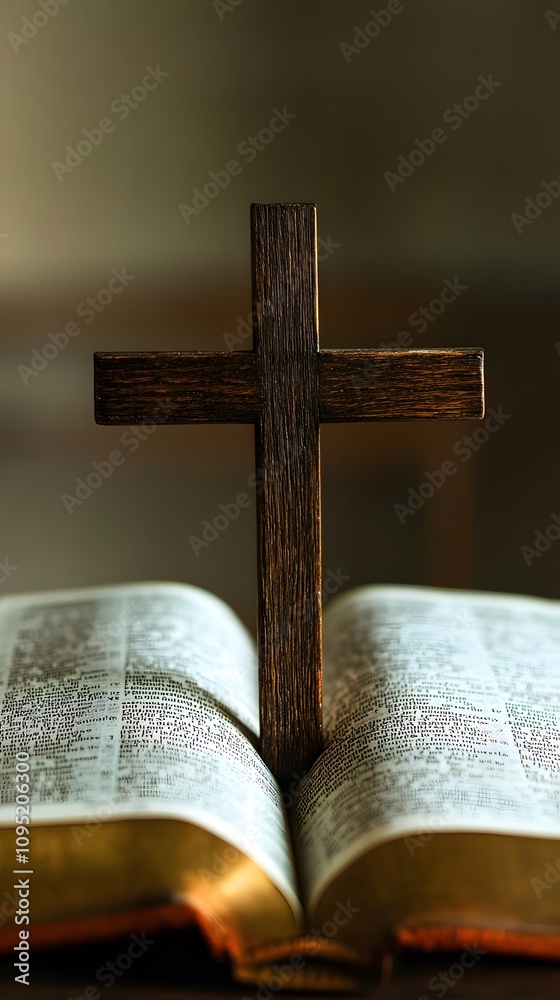 A wooden cross is placed on an open Bible, symbolizing the power of God's word and His grace in our lives A wooden cross is placed on an open Bible, symbolizing the power of God's word and His grace in our lives