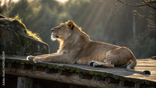 A therian stretches on the edge of a platform resembling a proud lion basking in the sun after a long day of playing. photo