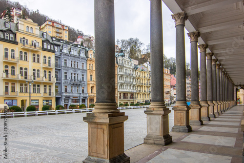 City landscape in winter. City landscape with historical buildings in an old town from the Baroque period. cityscape Karlovy Vary, Czechia