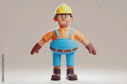 A cheerful 3D cartoon construction worker  wearing a yellow helmet and blue overalls  smiles warmly. photo